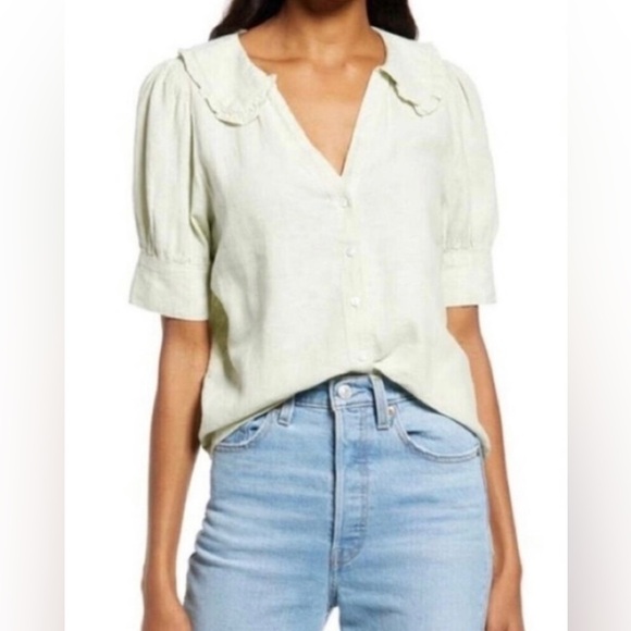 Madewell Tops - Madewell Linen-Blend Peter Pan Collar Button Up Shirt light green Women’s Size 2